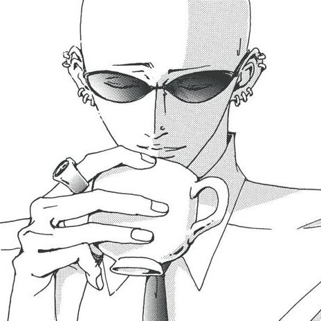black and white manga panel of yasu from NANA. he is a bald man with pale skin, about to drink from a mug. he has sunglasses, numerous ear piercings in both ears, and rings on his fingers.